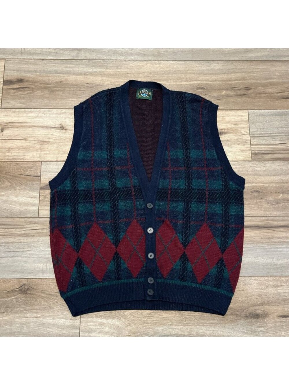 VTG Jantzen Knit Cardigan Sweater Vest Plaid SZ XL Multicolor USA Made Grandpa